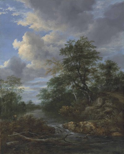 家族がトラックで休んでいる緑豊かな川の風景 作： Jacob van Ruisdael